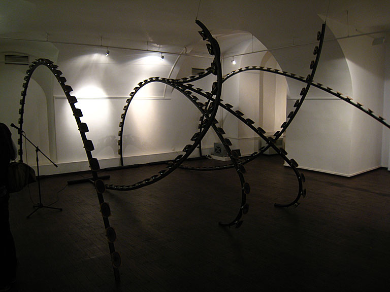 This was the best exhibit. "Say I love You" by Andrey Bartenev. Those little things are speakers along curved metal poles. Ambient music would play and the sound would travel up and down the metal poles. There was a microphone and a computer handling everything. We were supposed to say "I love you" into the microphone. When we said it the computer inputted the quote into the mix and would repeat it every now and then. It was a lot of fun saying random things into the microphone and listening to how they would return, sometimes in different sequences than how they were inputted.