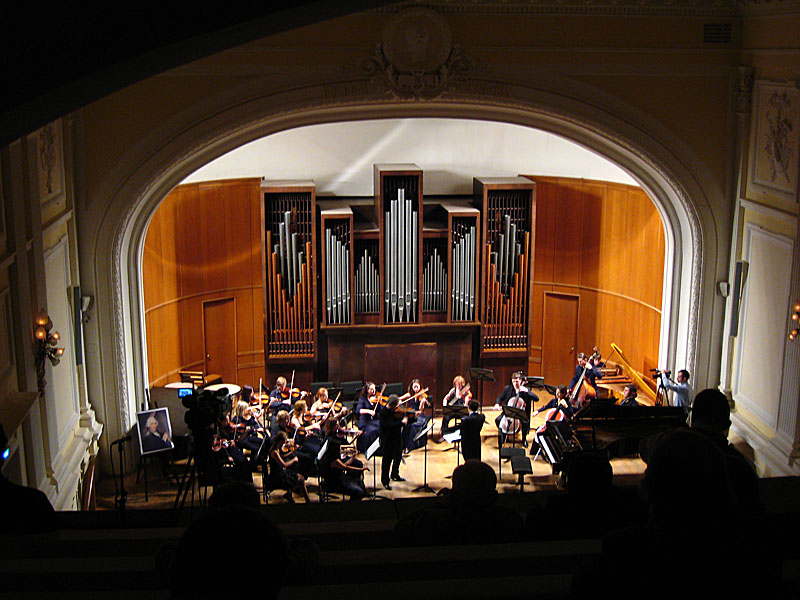 A quaint hall for a small orchestra.