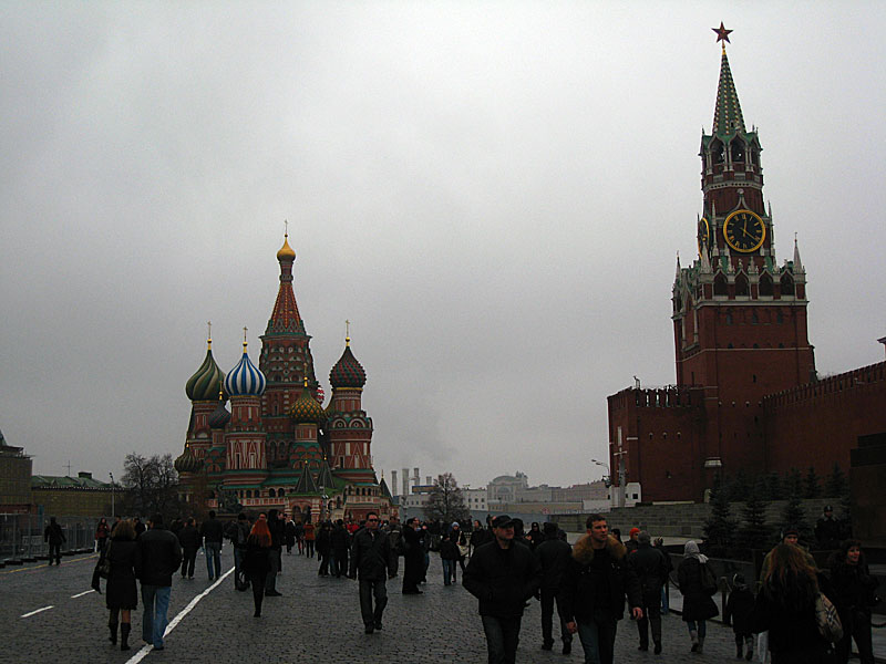 St. Basil's on the left, and one of the Kremlin Wall Towers on the right.