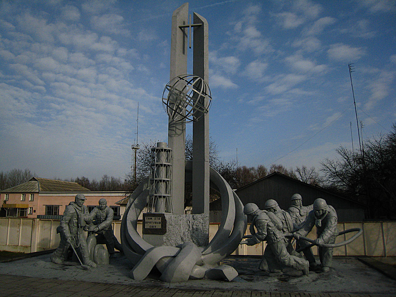 Our tour has now begun. We drove first to this monument memorializing the firemen who attempted to put out the fires of reactor #4.