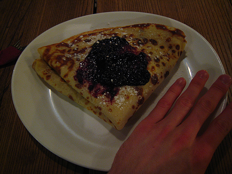 Pancakes for dessert! This delicious blueberry jam pancake with cottage cheese (which here is really like sweet blueberry yogurt) on the inside stuffed me. We should have listened to the hostel manager and ordered one for the two of us.