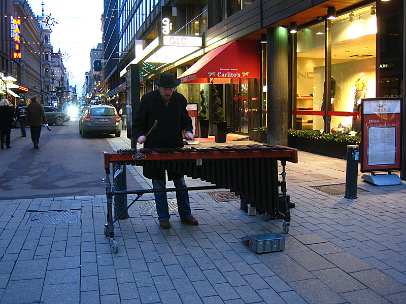A marimba! This guy kept playing with instruments from his boombox and it sounded pretty good. But man I don't know how he did it, because it was freezing. Moscow has nothing on Finland right now.