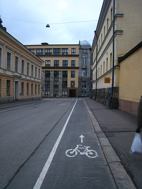 Helsinki is a bike friendly city. No really, they have elevated bike lanes on the busy streets to separate the cars even moreso from the bikes.